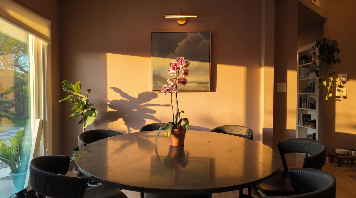 Dining room with a round black stone table, woven dark chairs and an orchid, glowing in golden-hour light